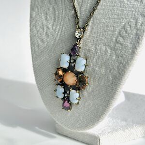 Vintage AVON Faux Opal Rhinestone Amber Glass Stone Necklace Boho Statement 20"